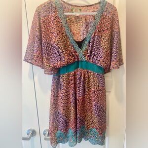 FLYING TOMATO - BOHO Purple & Green Floral Mini Dress w Embroidery